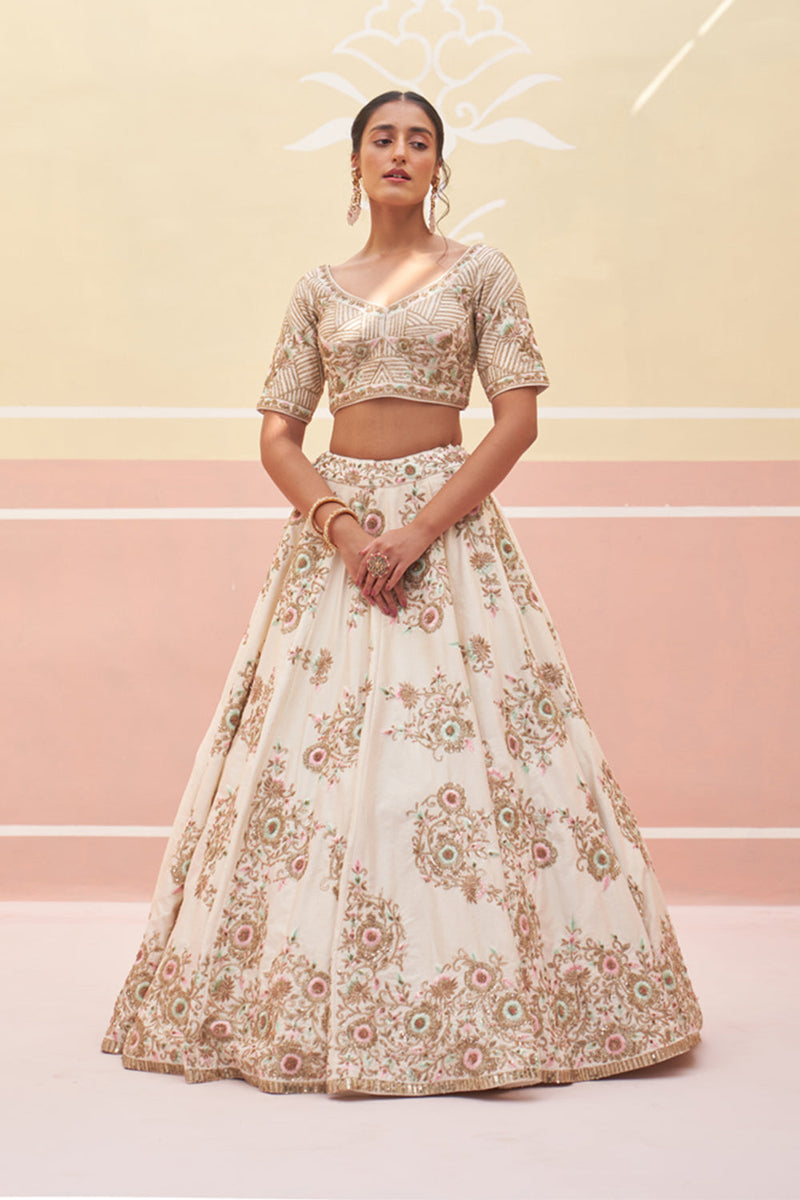 Ivory Raw Silk Lehenga Set