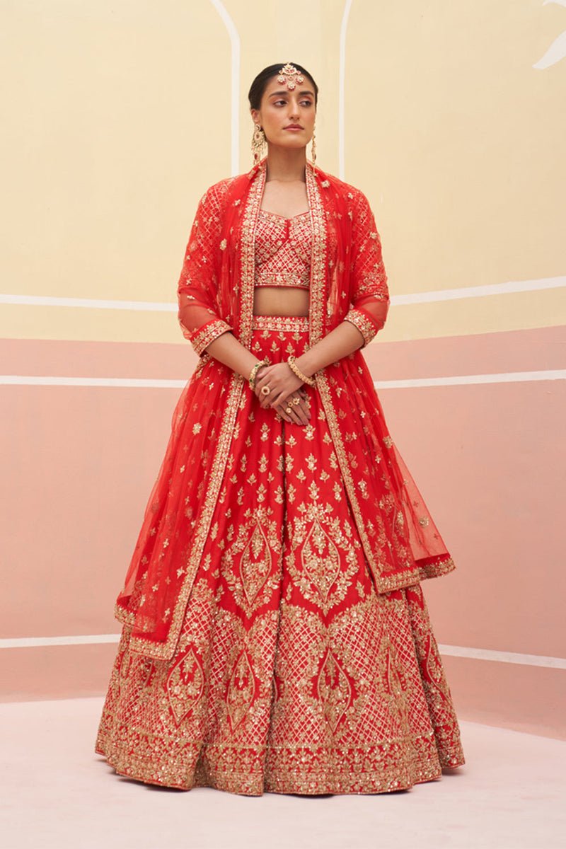 Red Raw Silk Lehenga Set