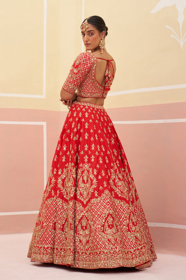 Red Raw Silk Lehenga Set