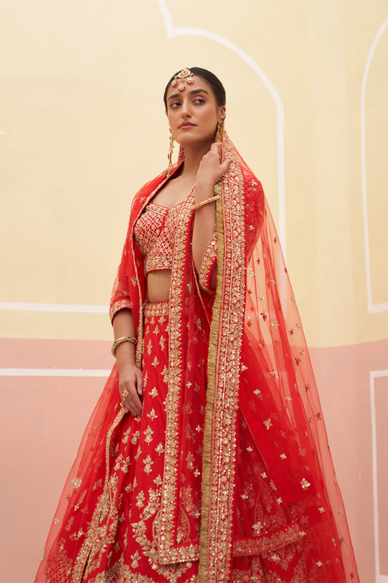 Red Raw Silk Lehenga Set