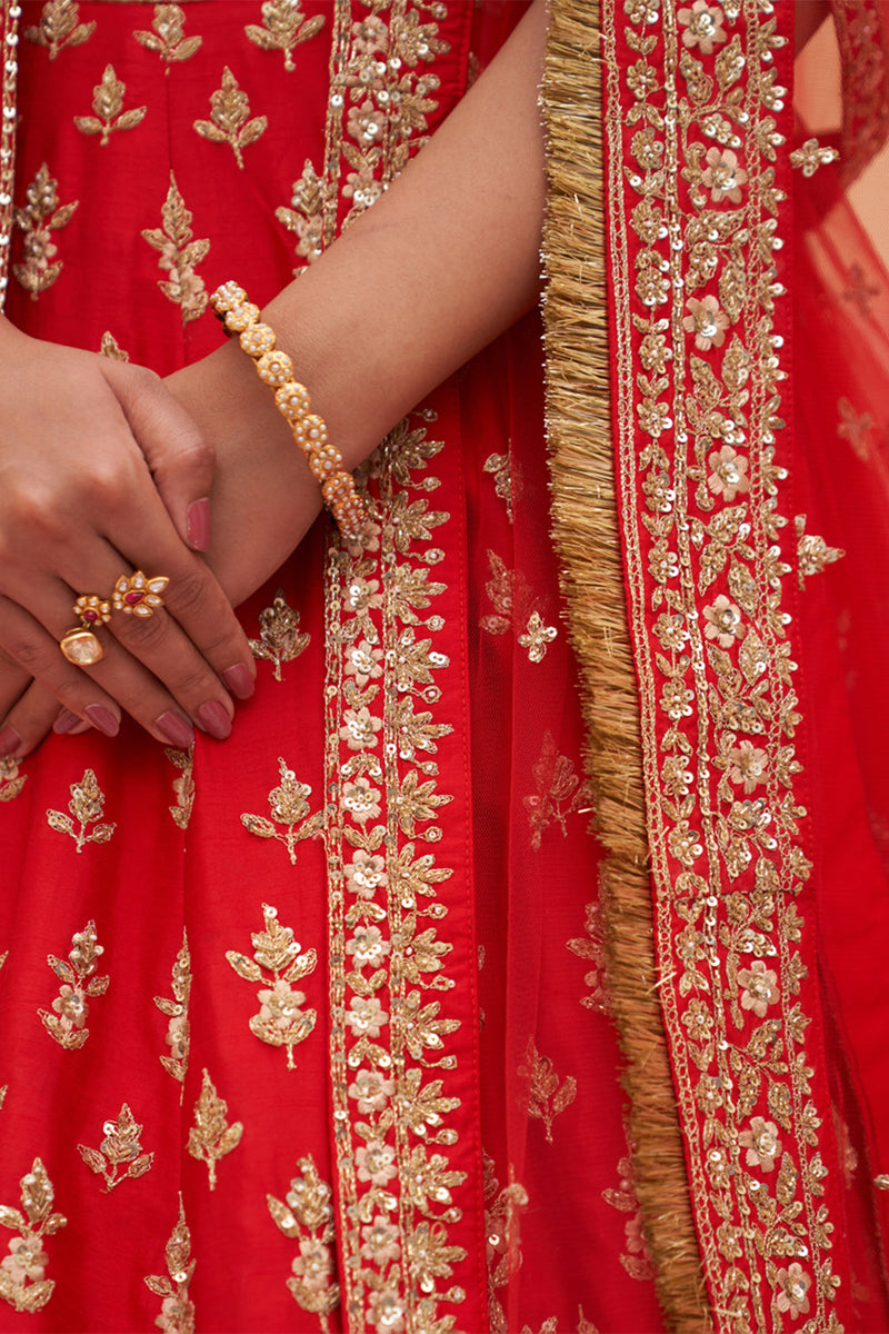 Red Raw Silk Lehenga Set