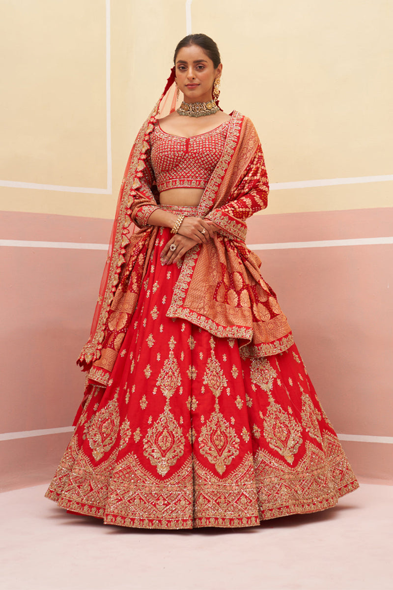 Red Raw Silk Lehenga Set