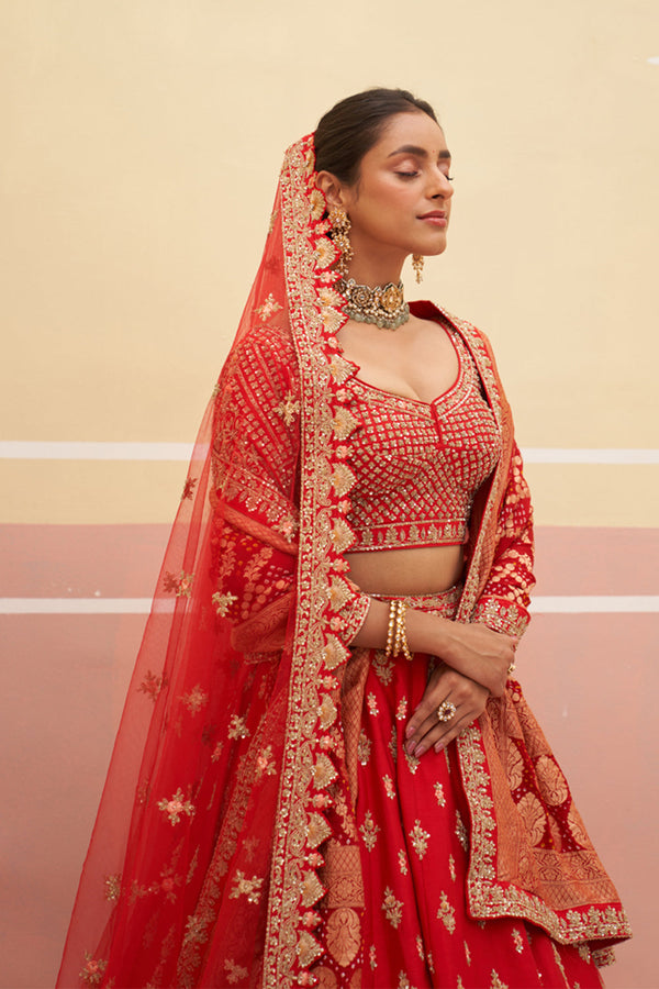 Red Raw Silk Lehenga Set