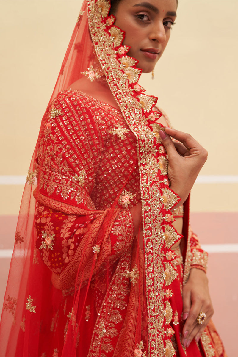 Red Raw Silk Lehenga Set