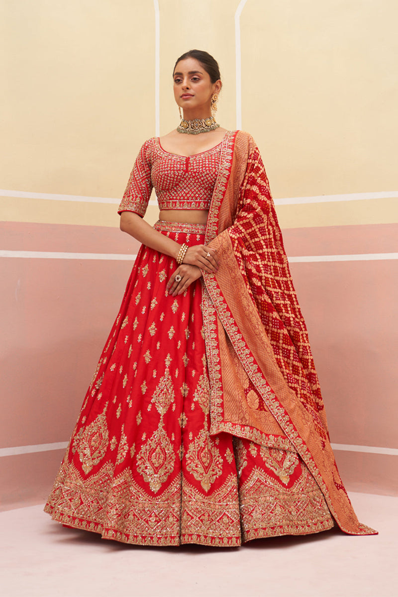 Red Raw Silk Lehenga Set