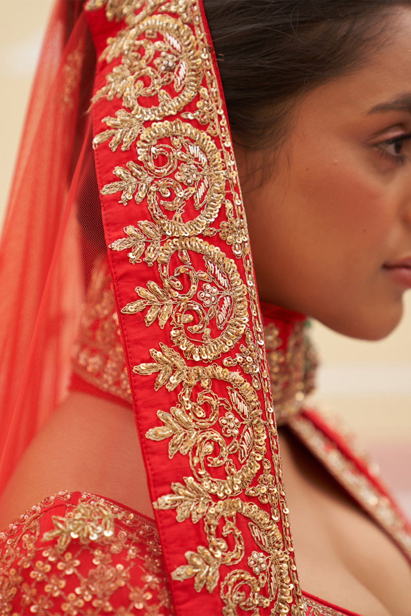 Red Raw Silk Lehenga Set