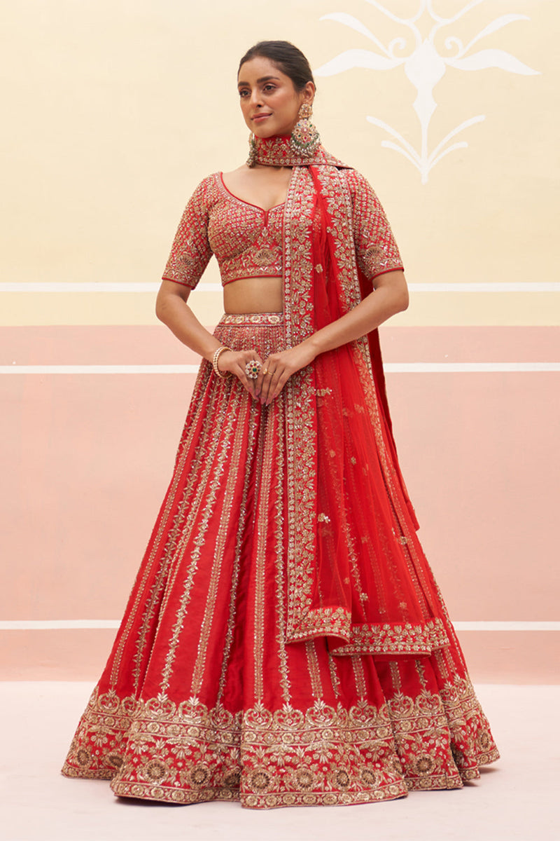 Red Raw Silk Lehenga Set