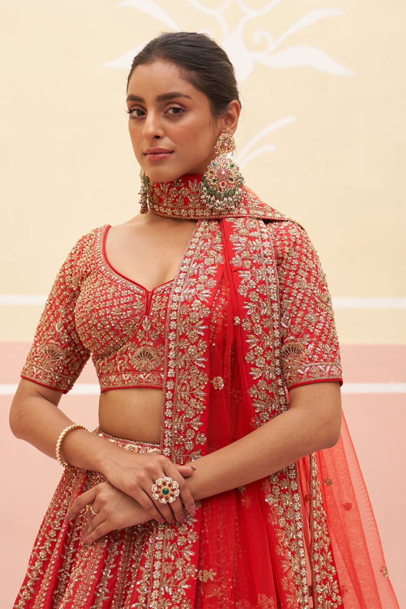 Red Raw Silk Lehenga Set