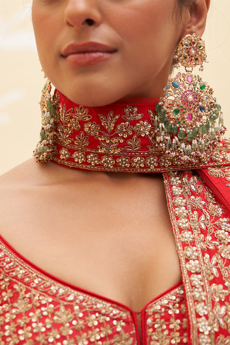 Red Raw Silk Lehenga Set