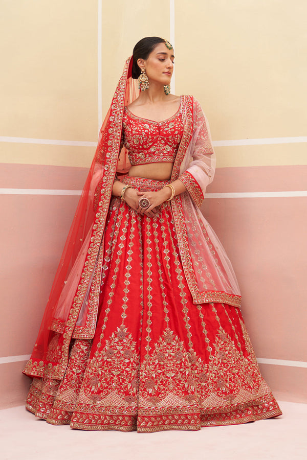 Red Raw Silk Lehenga Set