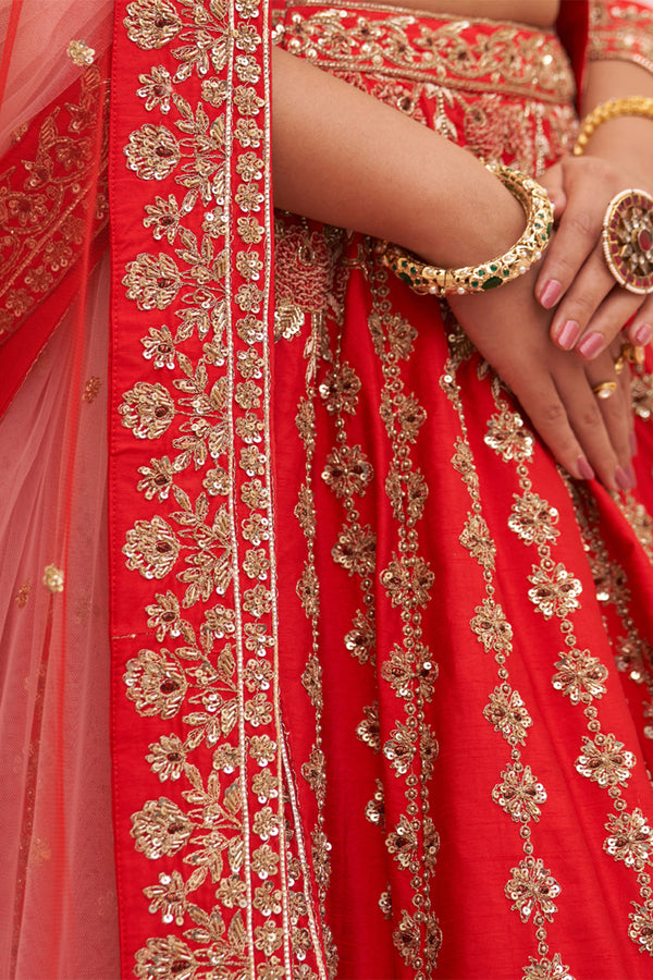 Red Raw Silk Lehenga Set