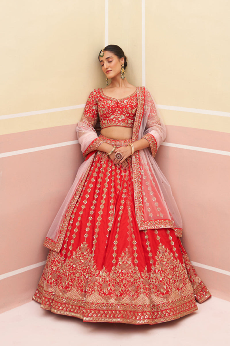 Red Raw Silk Lehenga Set