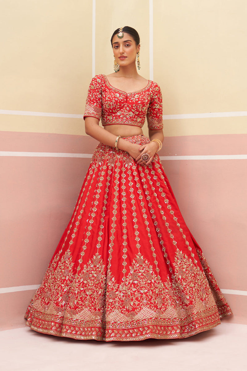 Red Raw Silk Lehenga Set