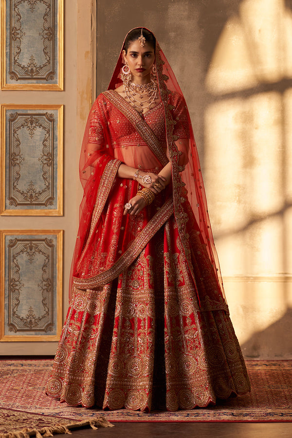 Red Raw Silk Double Dupatta Lehenga Set