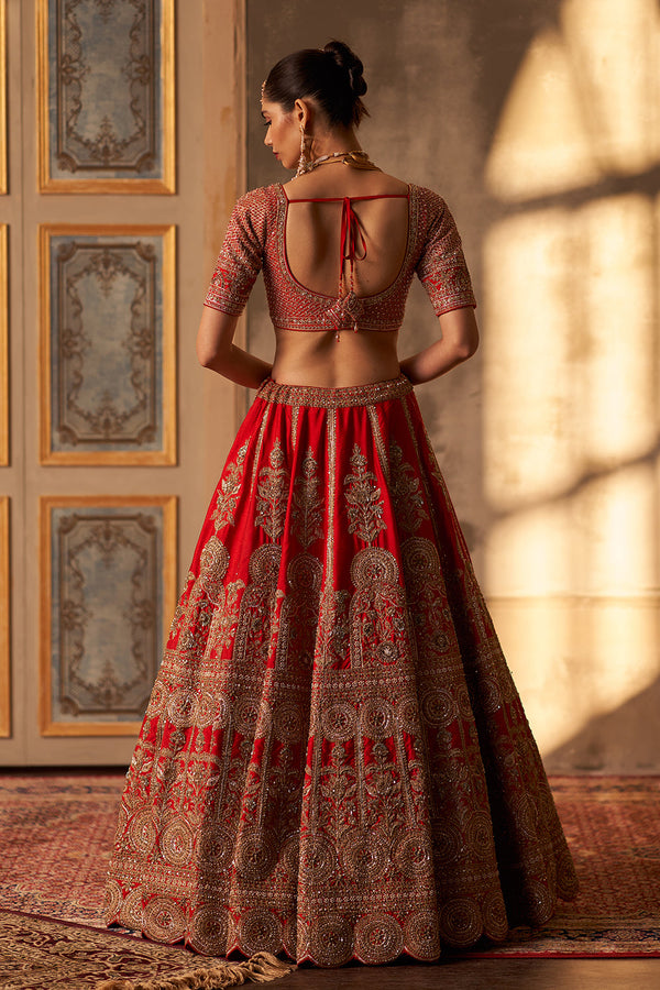 Red Raw Silk Double Dupatta Lehenga Set