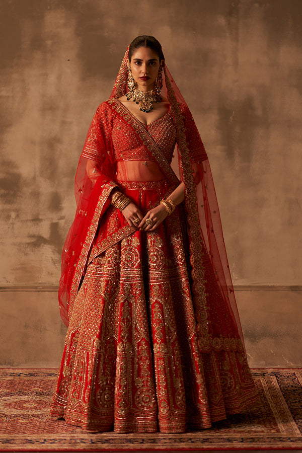 Red Raw Silk Double Dupatta Lehenga Set