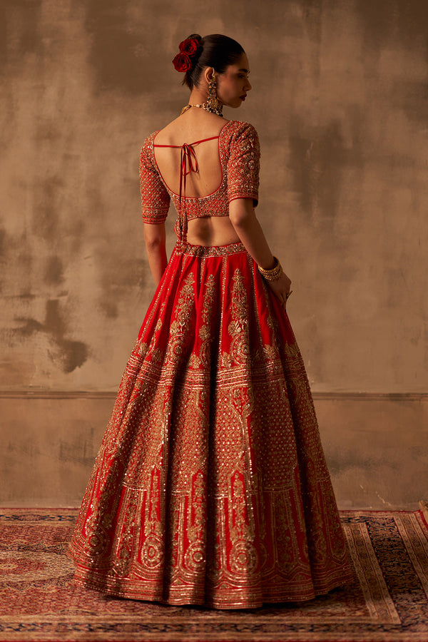 Red Raw Silk Double Dupatta Lehenga Set