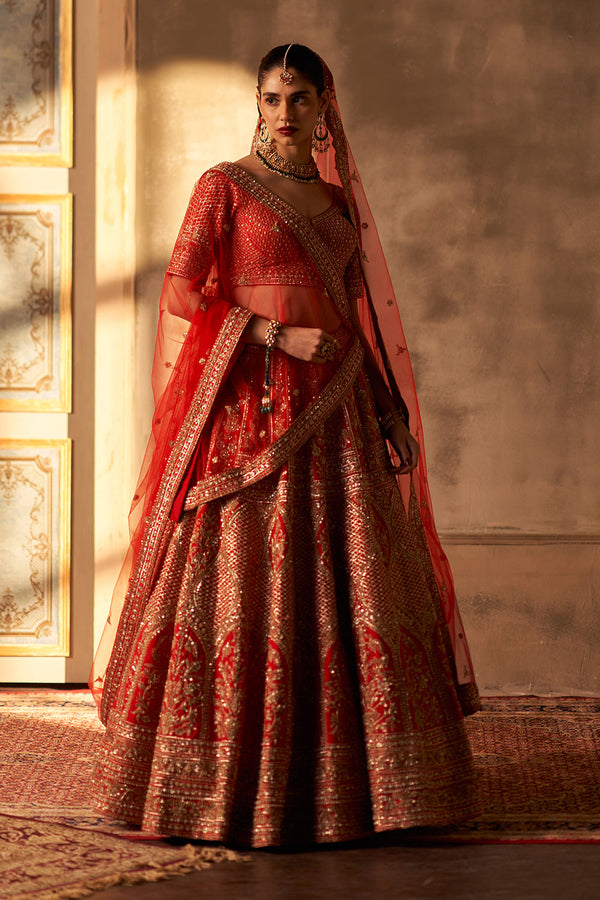 Red Raw Silk Double Dupatta Lehenga Set