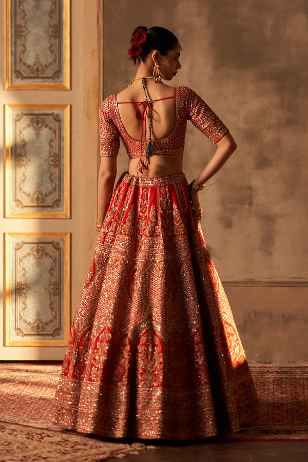 Red Raw Silk Double Dupatta Lehenga Set