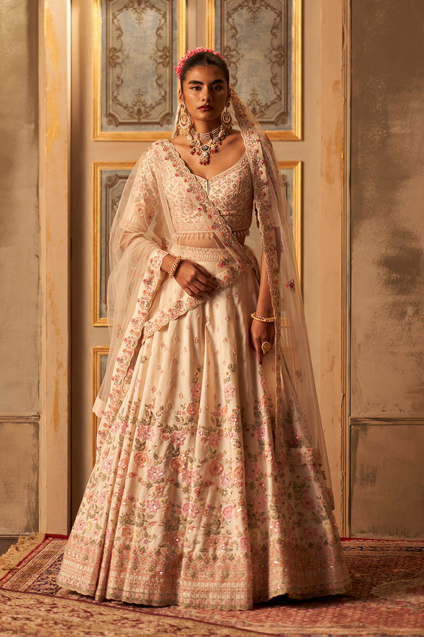 Ivory Raw Silk Double Dupatta Lehenga Set