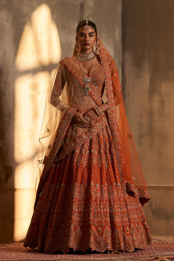 Rust Raw Silk Double Dupatta Lehenga Set