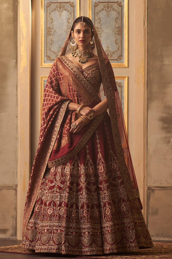 Maroon Raw Silk Double Dupatta Lehenga Set