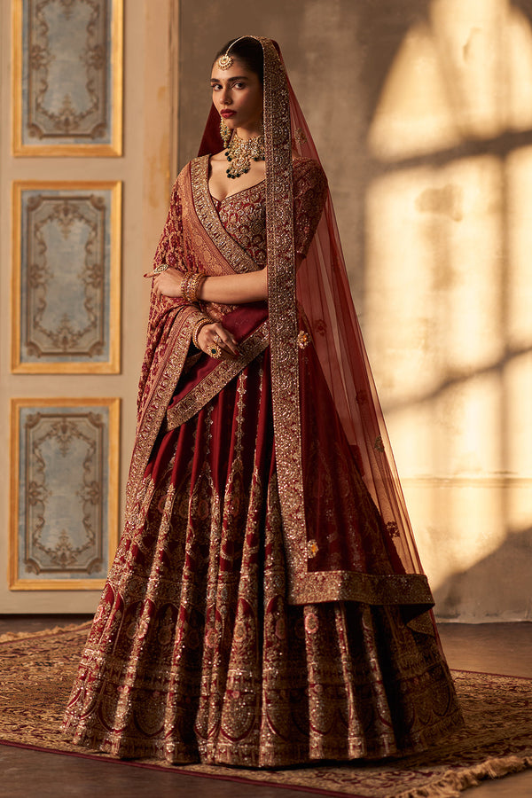 Maroon Raw Silk Double Dupatta Lehenga Set