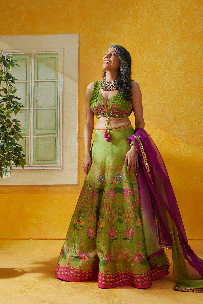 Printed Lehenga And Chiffon Embellished Choli  With Ombre Dupatta