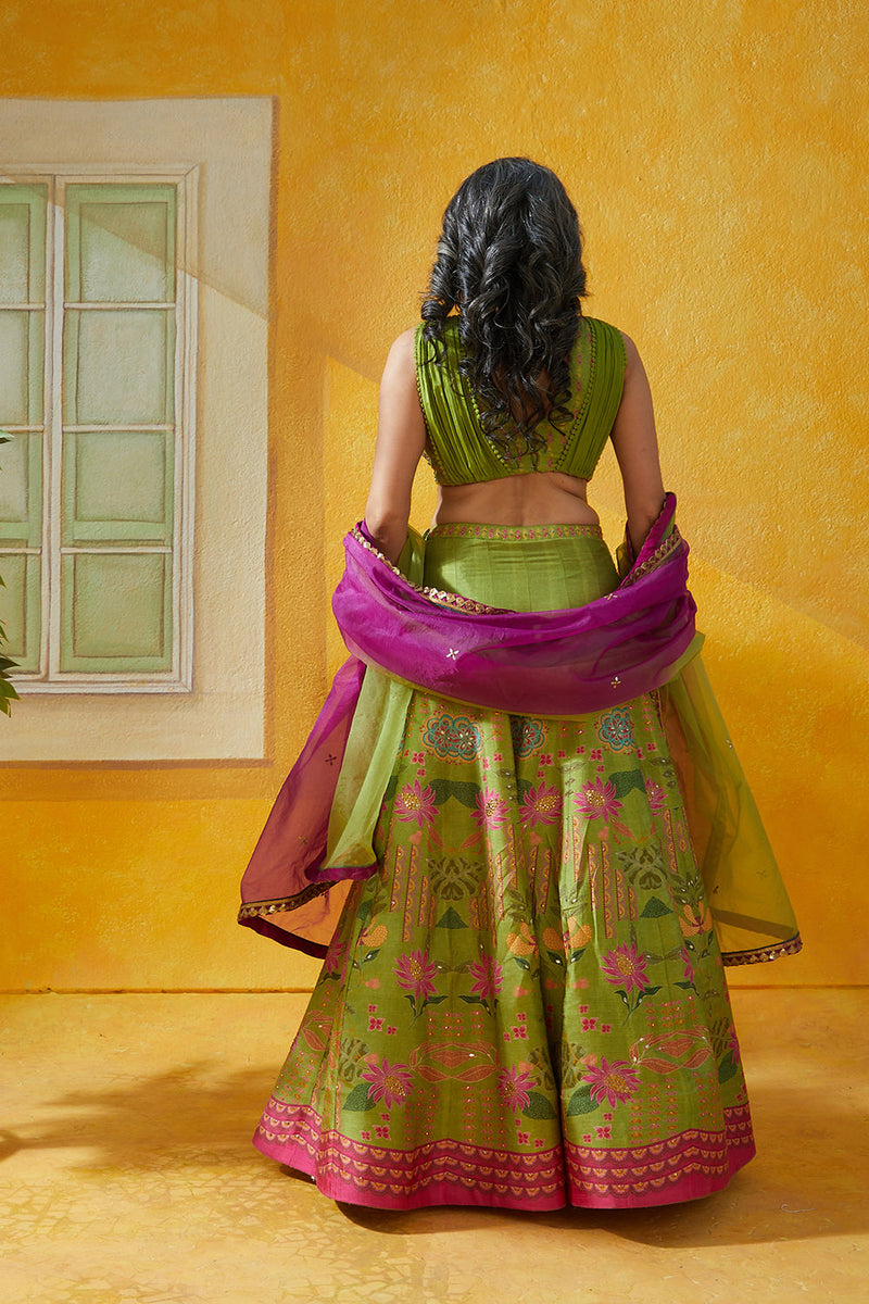 Printed Lehenga And Chiffon Embellished Choli  With Ombre Dupatta