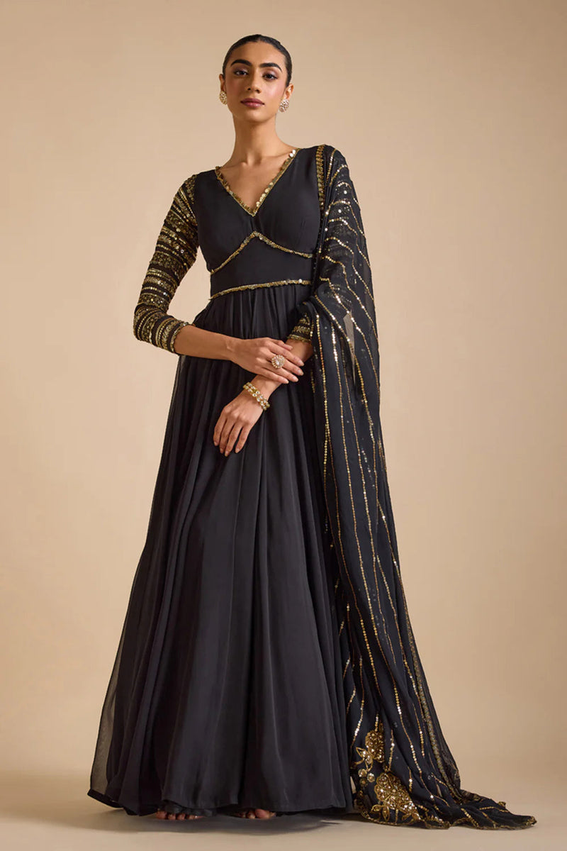 Black Embellished Sleeves Anarkali Set