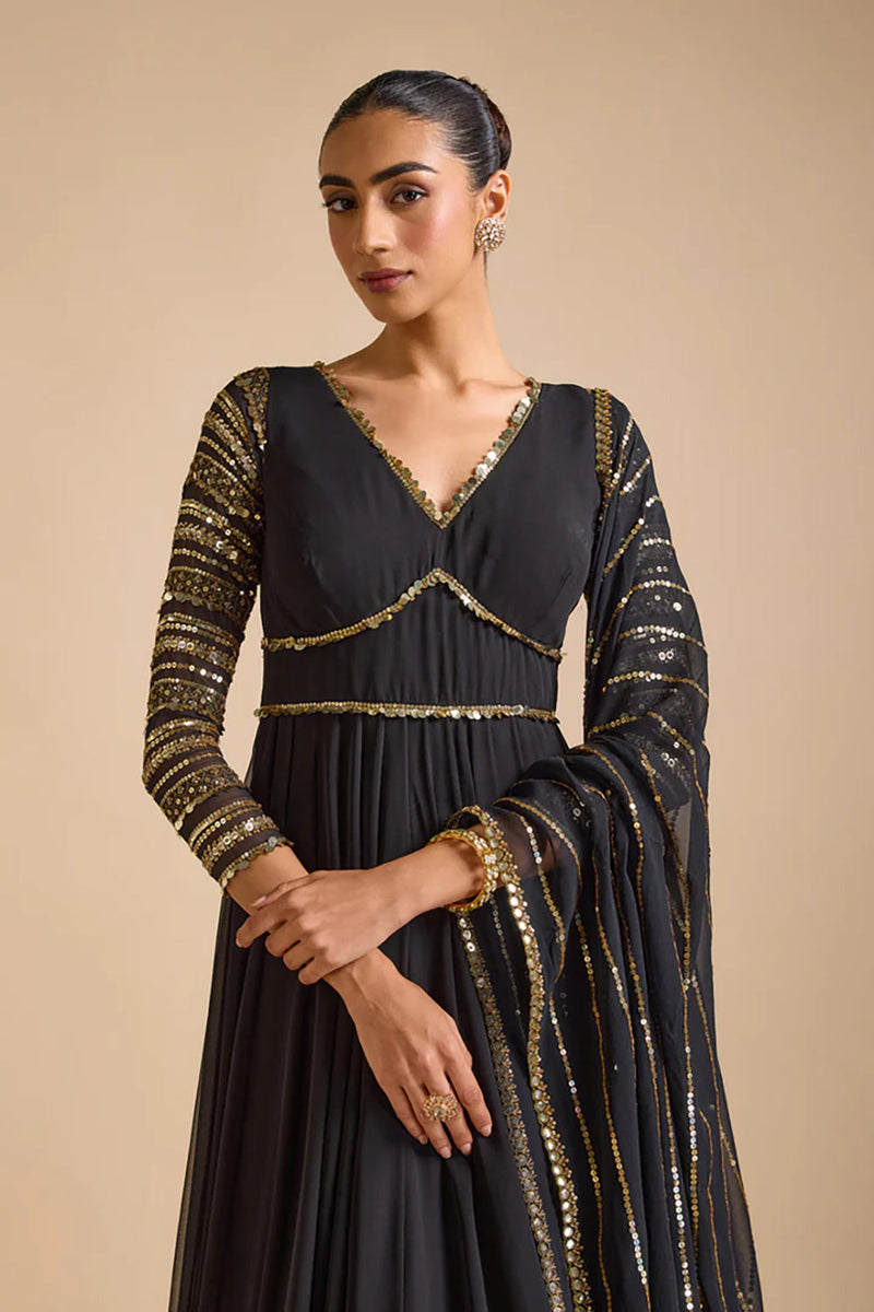 Black Embellished Sleeves Anarkali Set