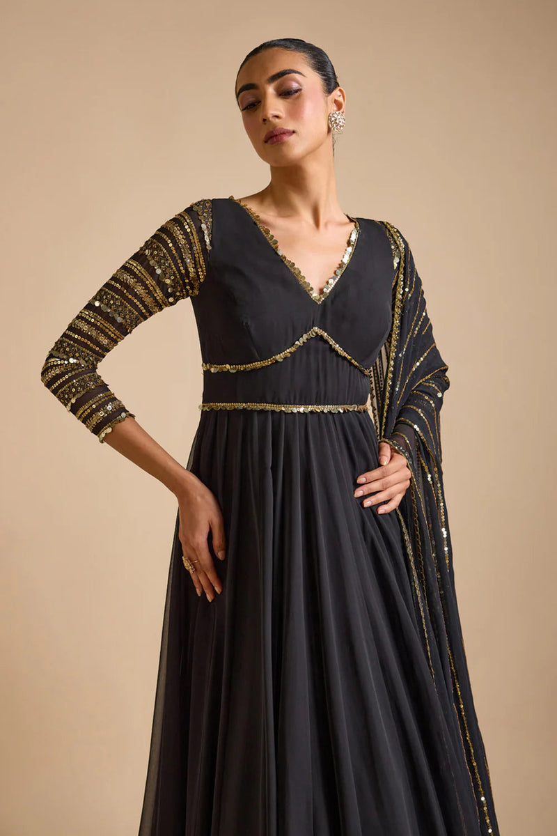 Black Embellished Sleeves Anarkali Set