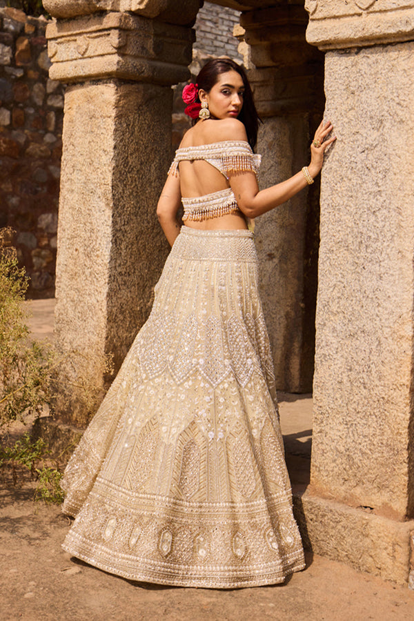 "Celine" Silver Golden Hand Embroidered  Lehengas With Offshoulder Blouse