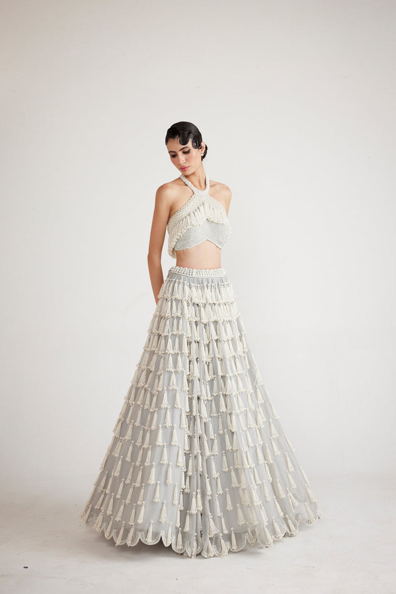 Powder Grey Chandelier Pearl Drop Crop Top Skirt Set