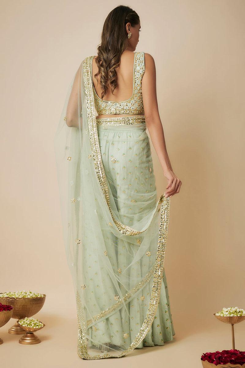 Pista Green Embroidered Sharara Sari Set