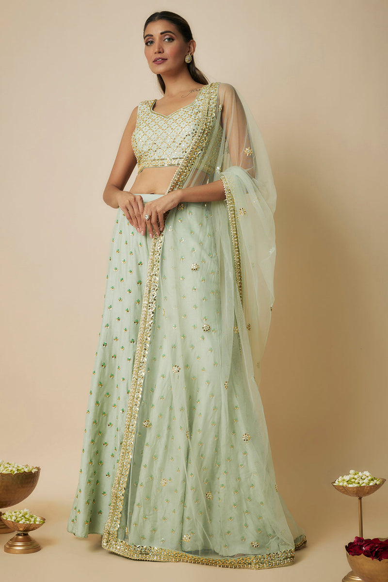 Pista Green Embroidered Sharara Sari Set