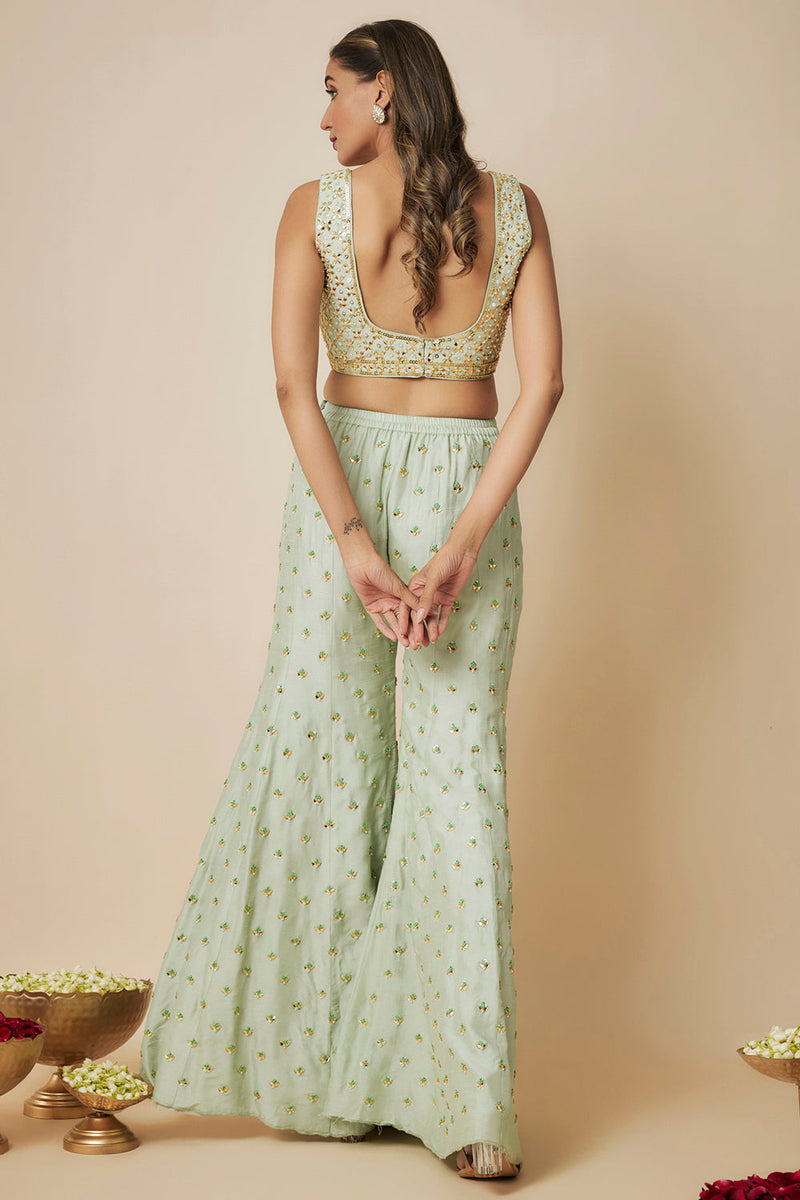 Pista Green Embroidered Sharara Sari Set