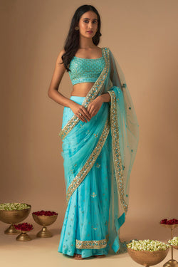 Sky Blue Embroidered Sharara Sari Set