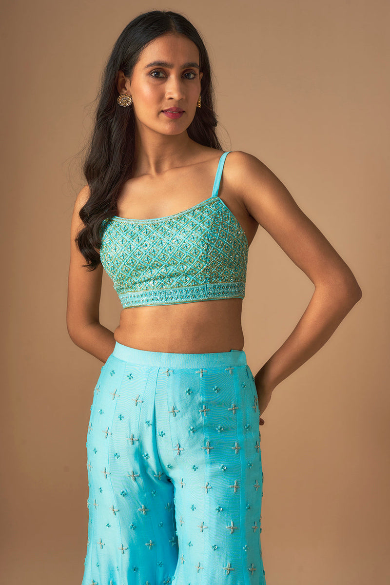 Sky Blue Embroidered Sharara Sari Set