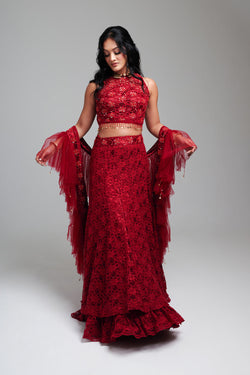 Wine Lace Lehenga Set