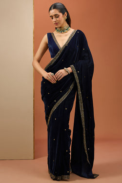 Blue Velvet Saree Set