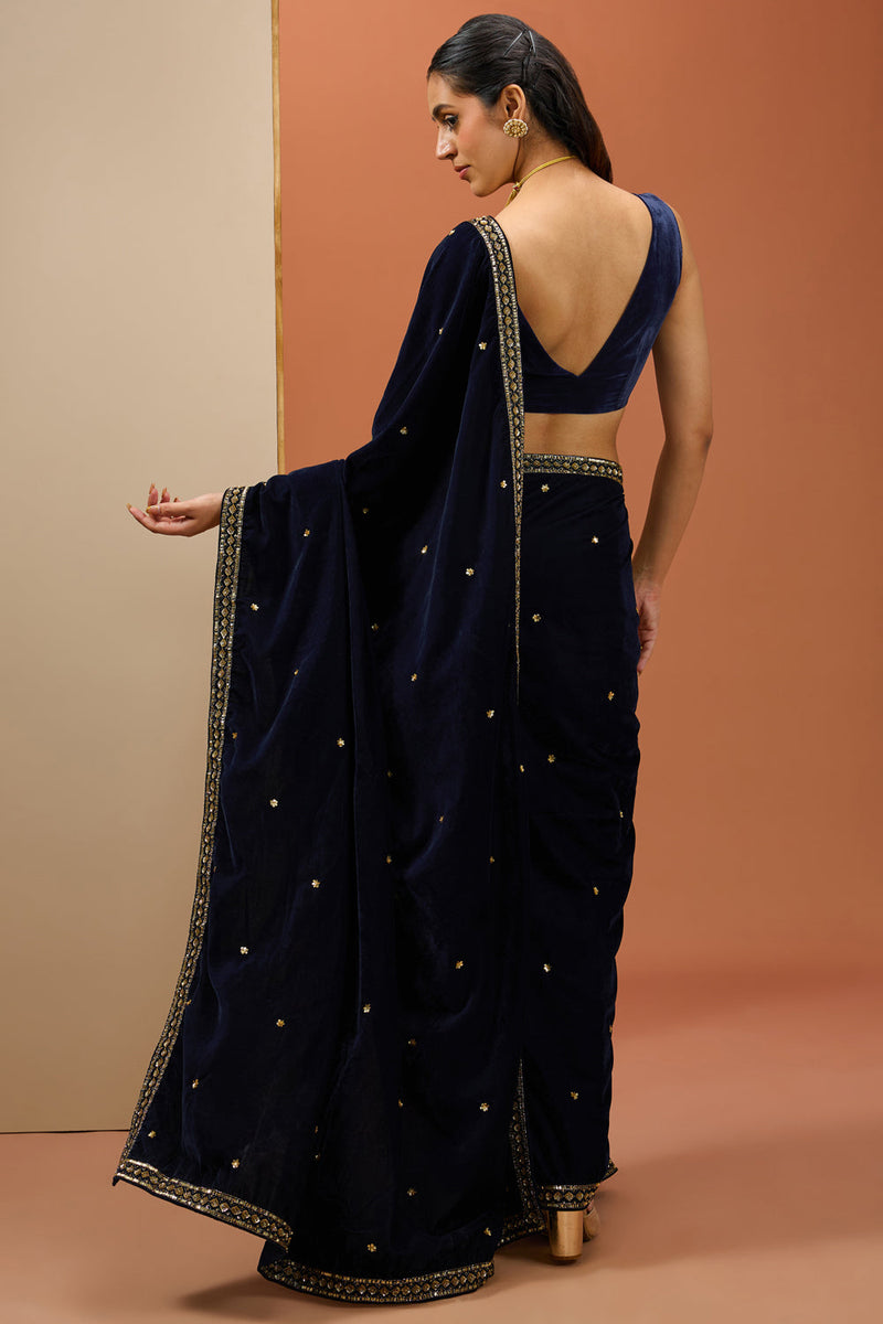 Blue Velvet Saree Set