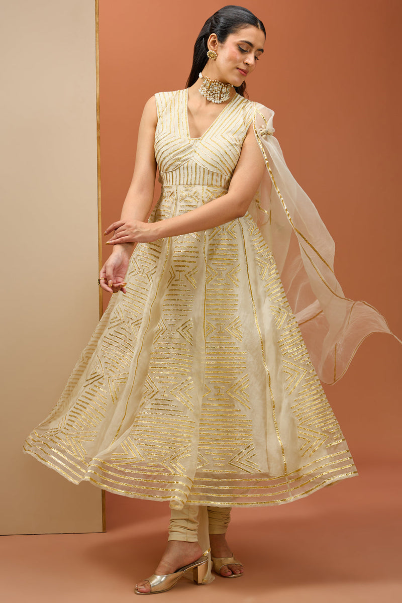 Offwhite Golden Lasses Anarkali Set