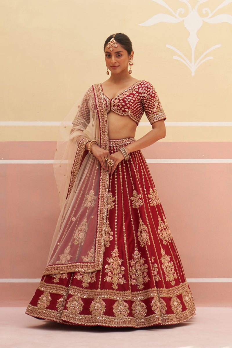 Maroon Raw Silk Lehenga Set