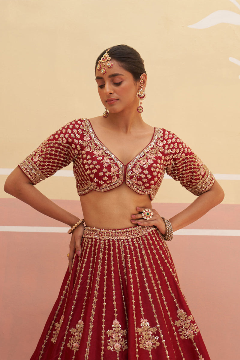 Maroon Raw Silk Lehenga Set