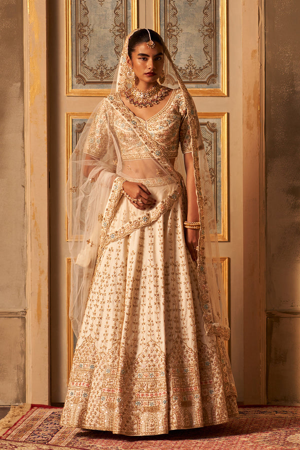 Ivory Raw Silk Double Dupatta Lehenga Set