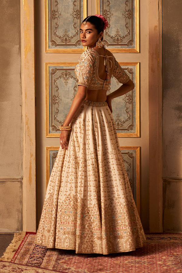 Ivory Raw Silk Double Dupatta Lehenga Set