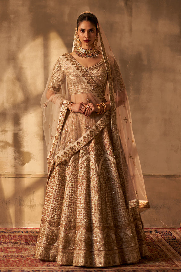 Ivory Raw Silk Double Dupatta Lehenga Set