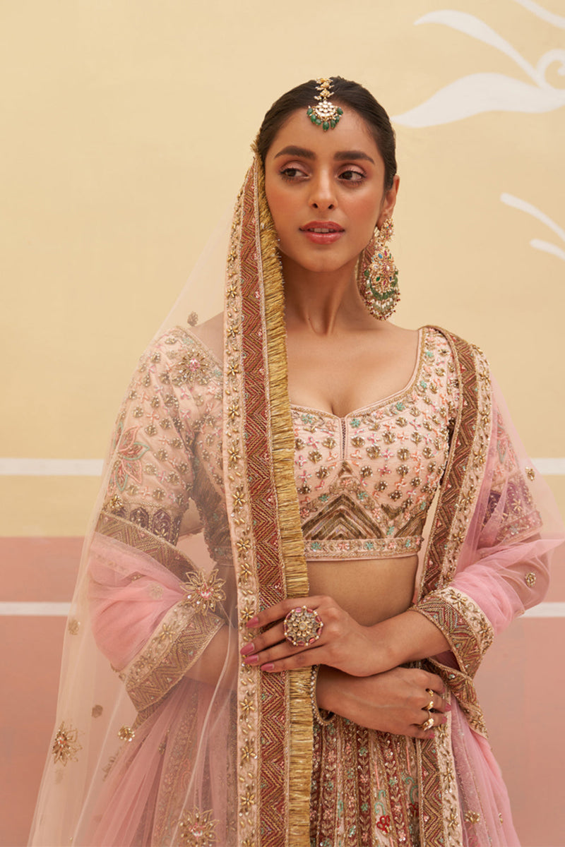 Peach Raw Silk Lehenga Set