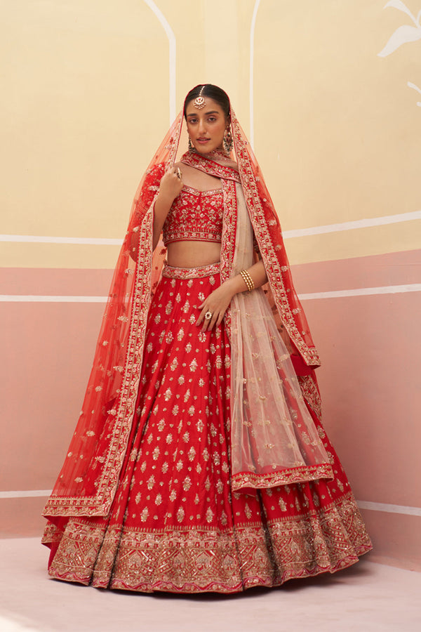 Red Raw Silk Lehenga Set